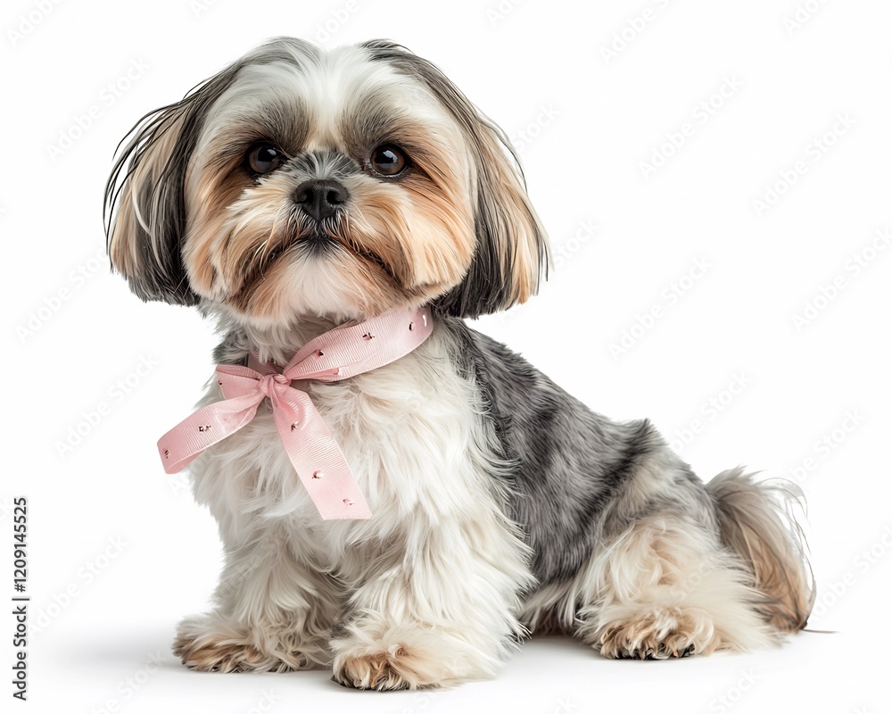 Shih Tzu with a ribbon tied neatly sitting on a clean white background Shih Tzu with a ribbon tied neatly sitting on a clean white background