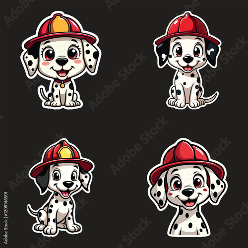 Four adorable cartoon Dalmatian puppies wearing red firefighter hats are arranged in a repeating pattern on a dark gray background