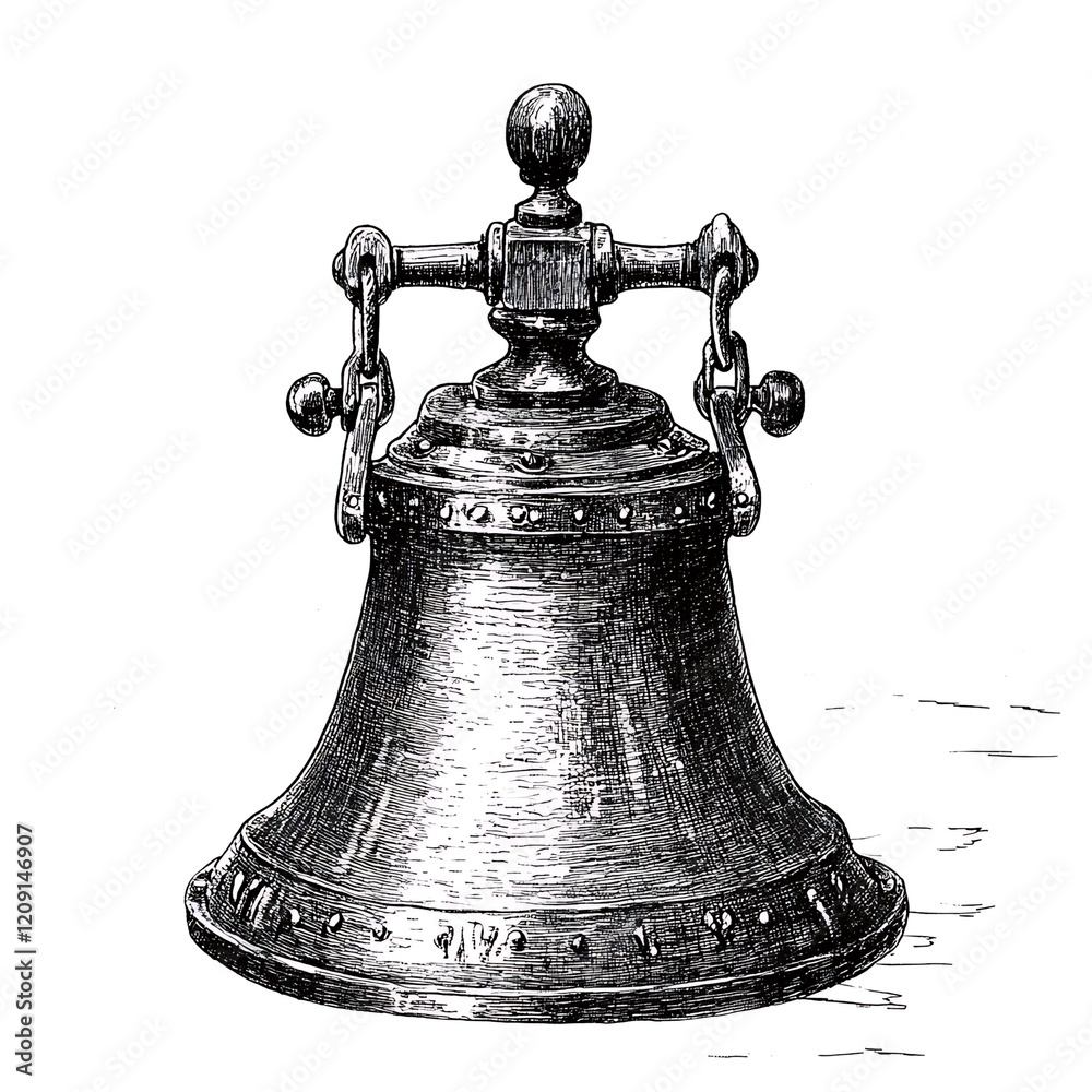 Antique metal bell with clapper, chains, and ornate details. Antique metal bell with clapper, chains, and ornate details.