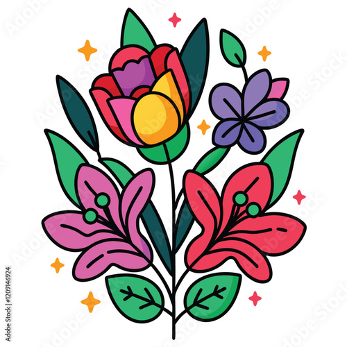 A colorful and stylized floral bouquet illustration