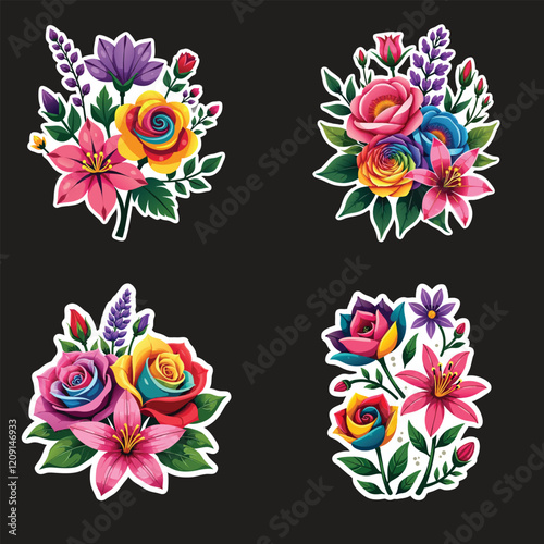 Four colorful floral bouquets, featuring stylized roses, lilies, and other flowers in a rainbow of vibrant hues