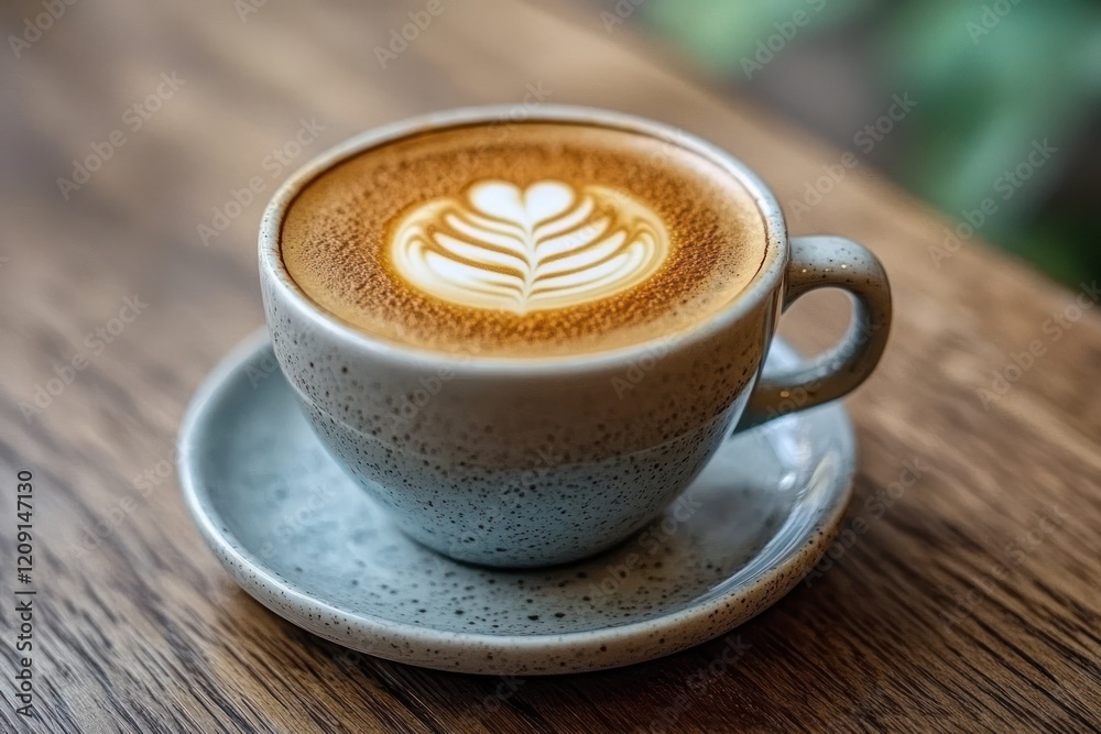 Fototapeta premium Cappuccino with Latte Art on Rustic Table in Cozy Café Setting