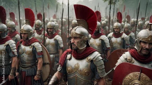 A cinematic depiction of a group of antiquity armored soldiers in formation