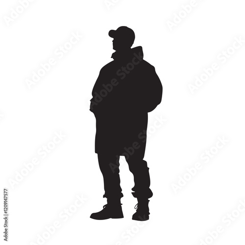 Konstfotografi Silhouette of a Man Wearing a Cap and Winter Jacket Side View - Vector Illustrat
