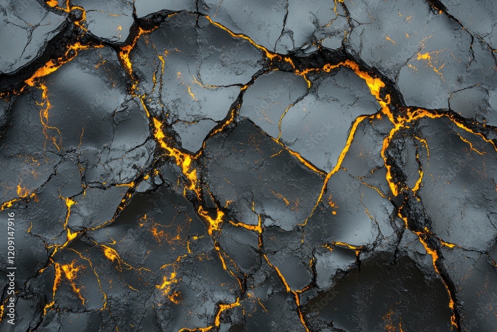 Lava crack texture with breaks on a black volcanic surface. Great for dramatic and natural volcanic imagery.