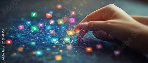 Hand selects social media icons, digital background