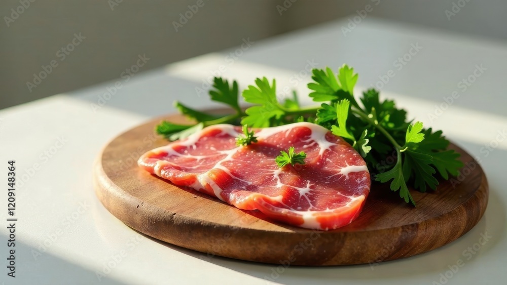 Sunlit slices of cured meat on wooden board garnished with fresh parsley Sunlit slices of cured meat on wooden board garnished with fresh parsley
