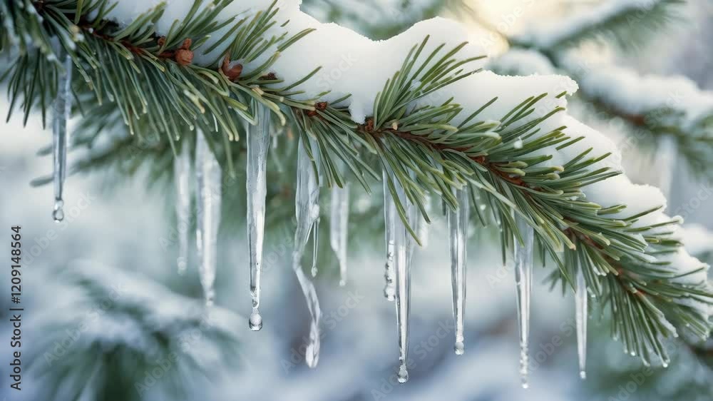 A close-up view of a snow-covered pine tree branch A close-up view of a snow-covered pine tree branch