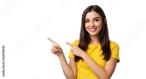 woman pointing at something on transparent white background, clipping path