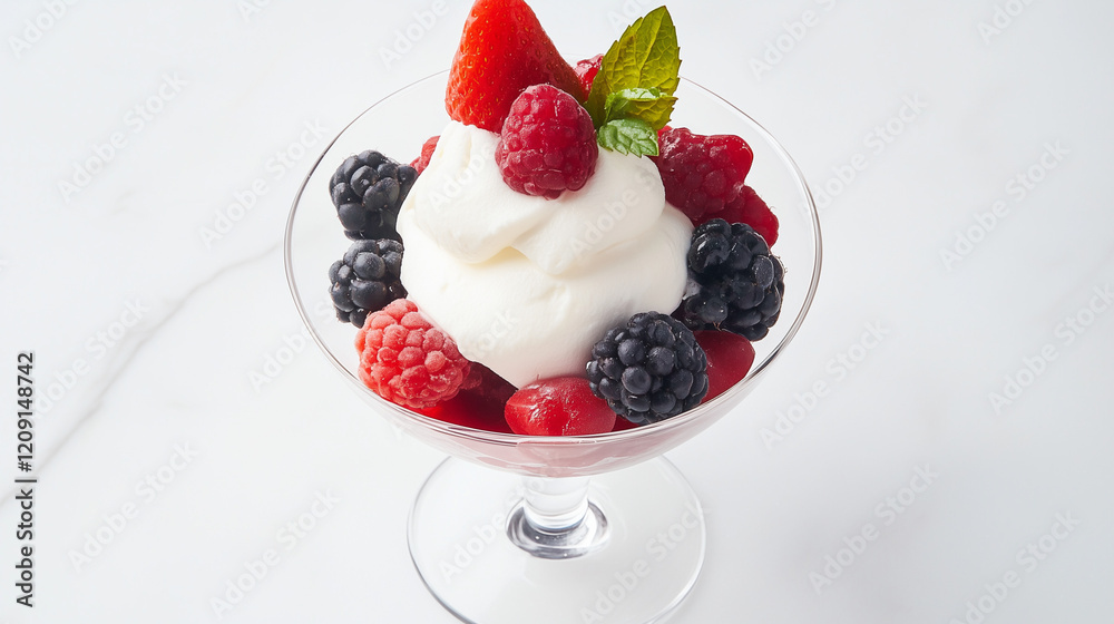 Berry Yogurt Parfait: Creamy yogurt nestled amongst a vibrant mix of fresh raspberries, blackberries, and strawberries, garnished with a sprig of mint. A delightful and healthy dessert option. Berry Yogurt Parfait: Creamy yogurt nestled amongst a vibrant mix of fresh raspberries, blackberries, and strawberries, garnished with a sprig of mint. A delightful and healthy dessert option.