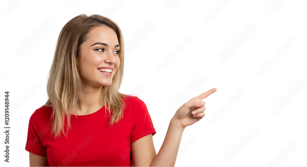 Casual Woman Gesturing to Empty Copy Space on transparent white background, clipping path Casual Woman Gesturing to Empty Copy Space on transparent white background, clipping path