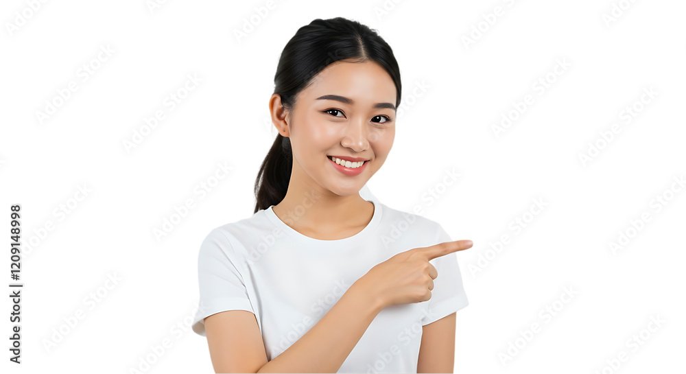 Young Woman Presenting and Showing Something on transparent white background, clipping path Young Woman Presenting and Showing Something on transparent white background, clipping path