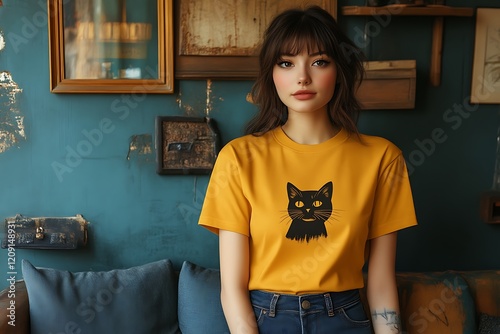Young woman in yellow t-shirt with cat design, sitting on a sofa against a teal wall with framed art.