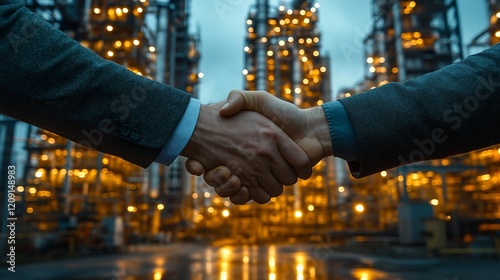 Businessmen shaking hands in front of refinery.