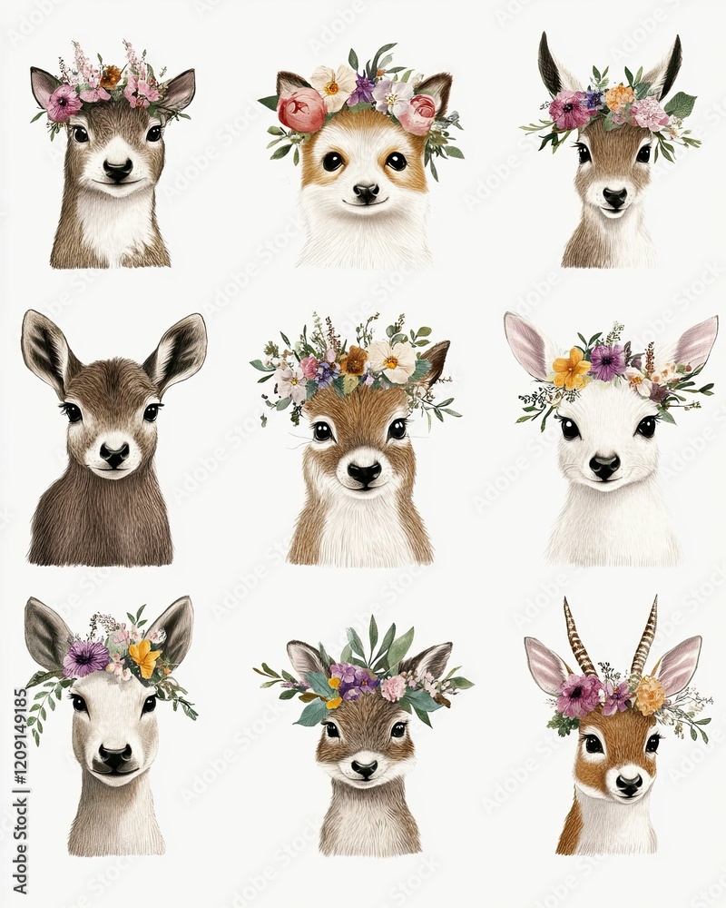 Obraz premium Various animals wearing flower crowns with straight faces