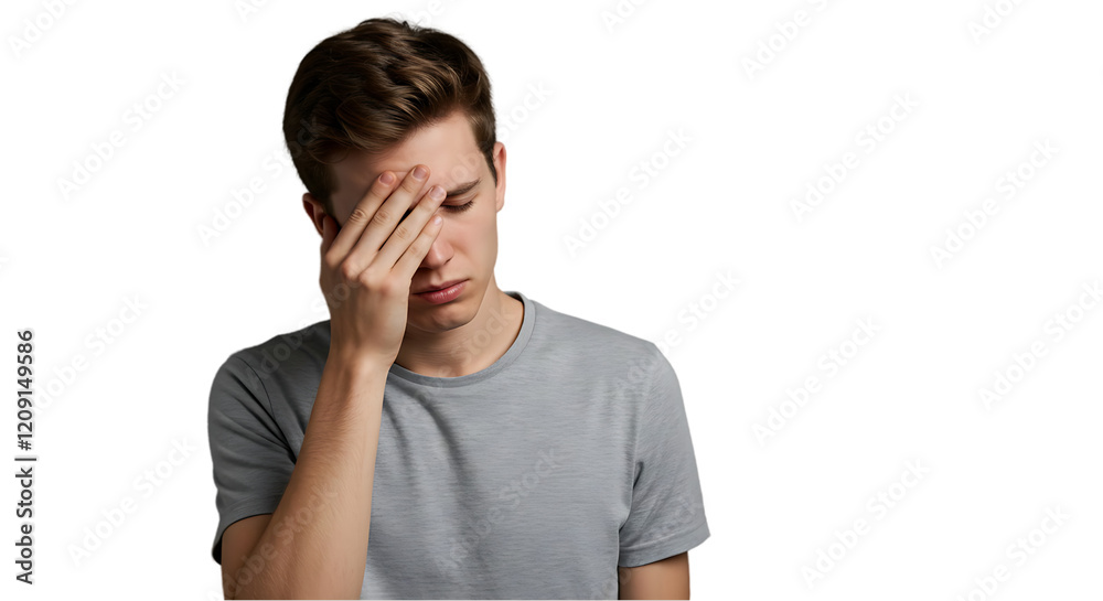 Headache and Stress Concept with Young Man on transparent white background, clipping path Headache and Stress Concept with Young Man on transparent white background, clipping path