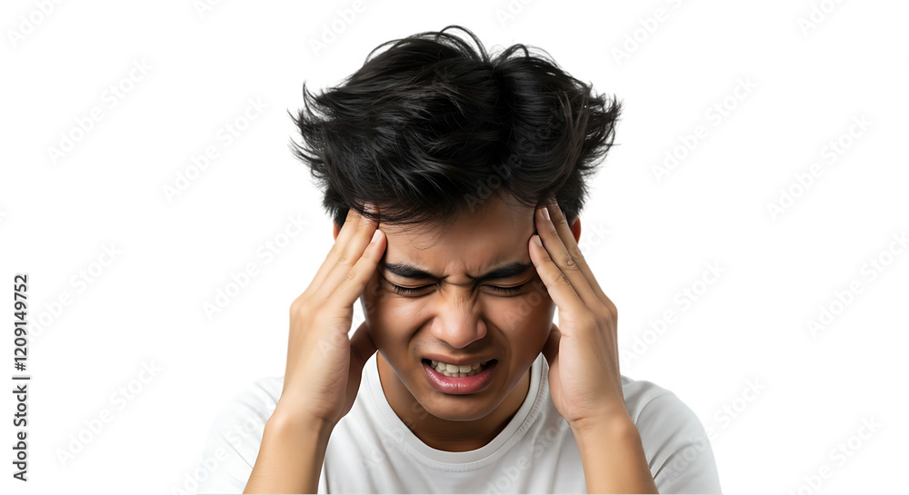 Stressed Young Man Holding Head in Pain on transparent white background, clipping path Stressed Young Man Holding Head in Pain on transparent white background, clipping path