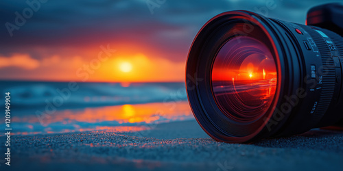 close up of camera lens reflecting vibrant sunset on sandy beach