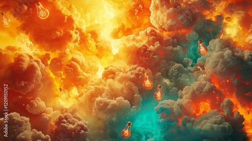 Surreal Abstract Art Glowing Lightbulbs in Vibrant Orange and Teal Cloudscape