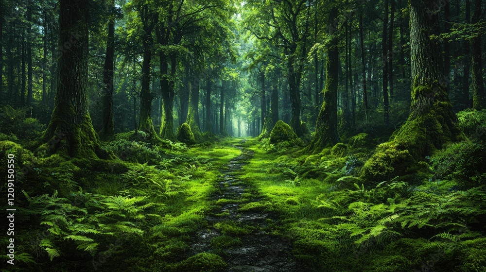 Obraz premium Mystical forest path, sunlight through trees, moss, ferns, nature wallpaper