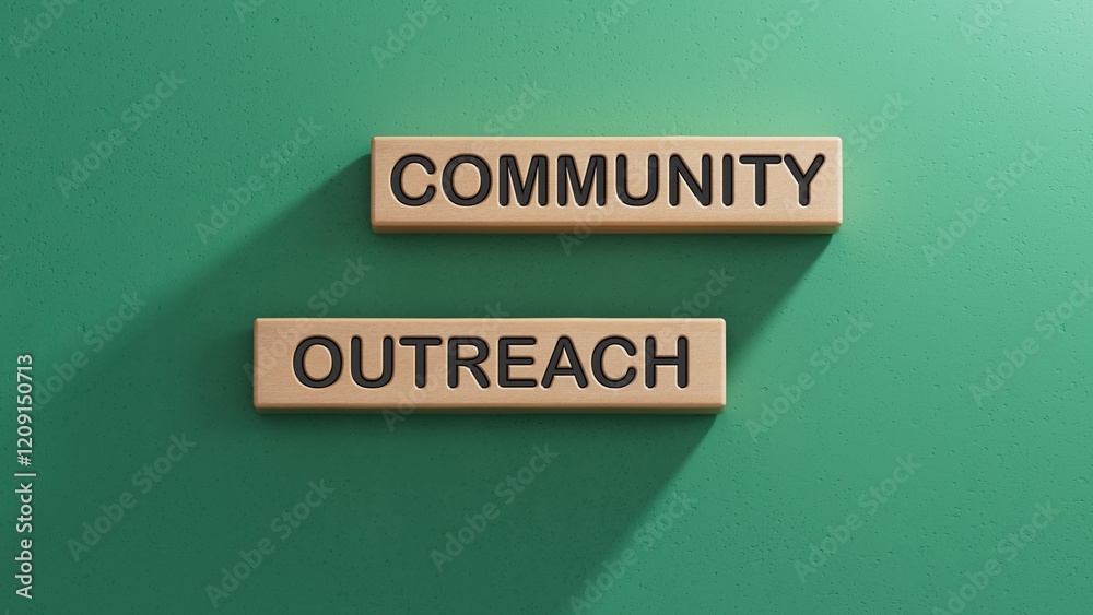 Text COMMUNITY OUTREACH on Wooden blocks. Business concept. Wooden cube blocks. Copy space.3D rendering on green background. Text COMMUNITY OUTREACH on Wooden blocks. Business concept. Wooden cube blocks. Copy space.3D rendering on green background.