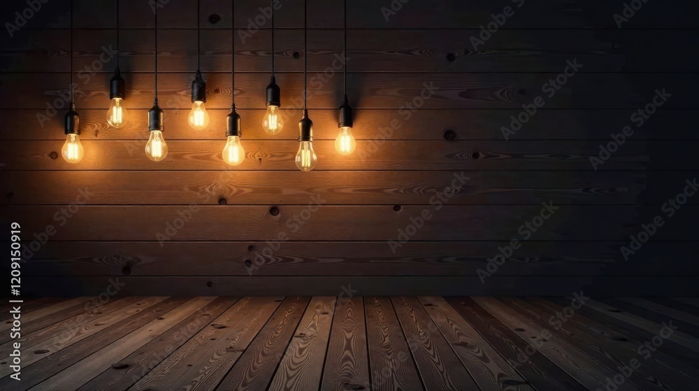 Warm Illumination of Hanging Edison Bulbs Against Dark Wooden Wall and Floor Warm Illumination of Hanging Edison Bulbs Against Dark Wooden Wall and Floor