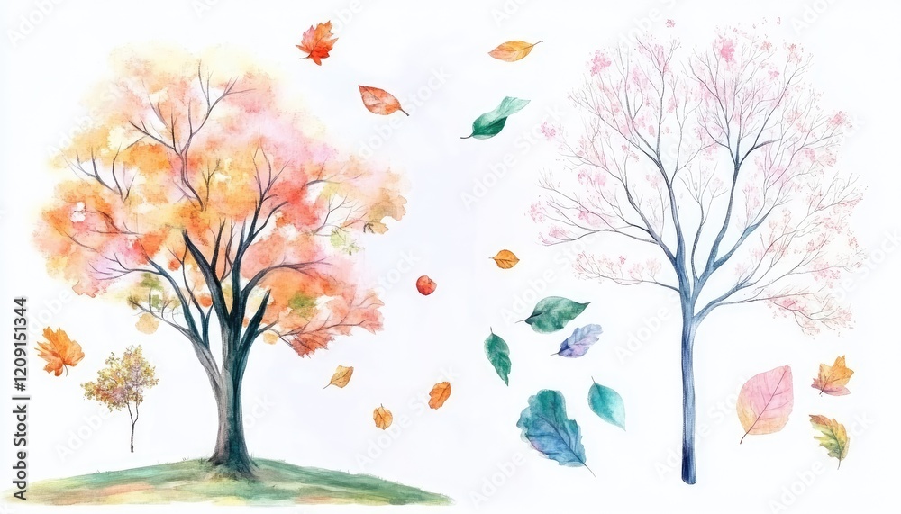 Vibrant autumn trees shedding colorful leaves in a serene landscape with a soft, dreamy background Vibrant autumn trees shedding colorful leaves in a serene landscape with a soft, dreamy background