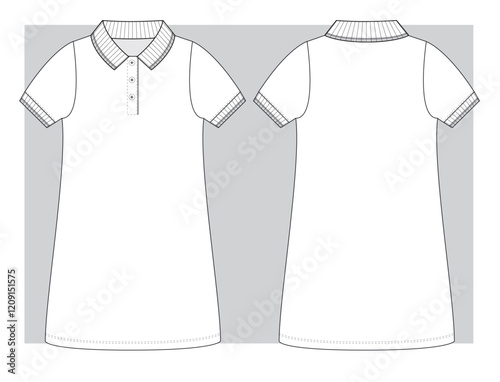 Jersey polo dress with short sleeve with stripes on rib technical sketch. Vector illustration.