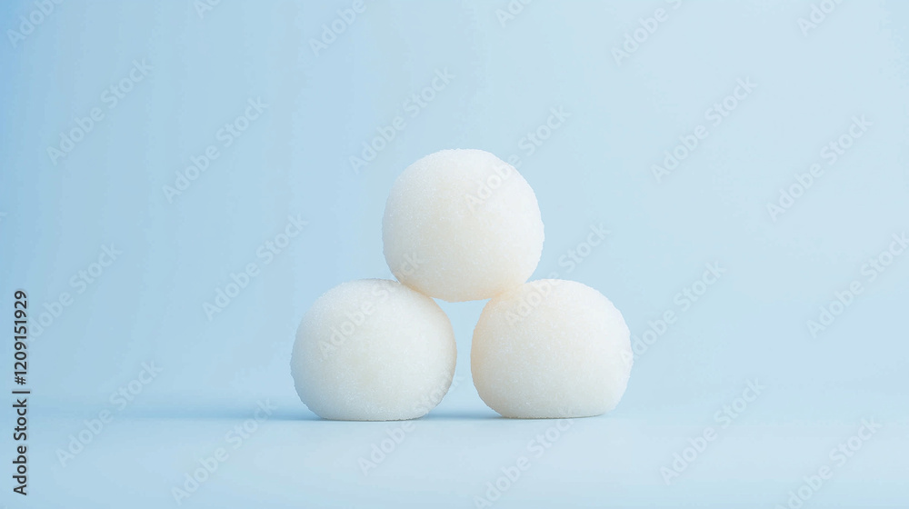 Three White Spheres on Blue: Three perfectly formed white spheres are delicately balanced in a triangular formation against a serene light blue background. Three White Spheres on Blue: Three perfectly formed white spheres are delicately balanced in a triangular formation against a serene light blue background.