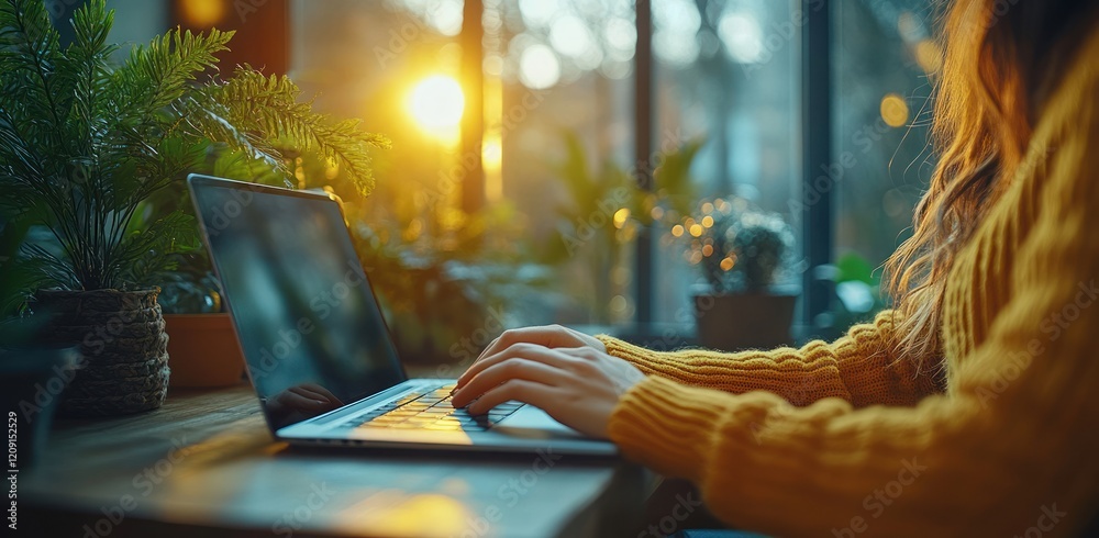 Hands Typing on Laptop in Modern Office with Potted Plant Hands Typing on Laptop in Modern Office with Potted Plant