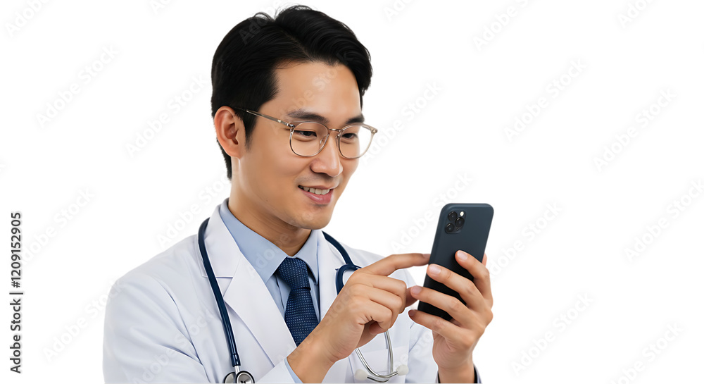 Doctor in White Coat Using Smartphone on transparent white background, clipping path Doctor in White Coat Using Smartphone on transparent white background, clipping path