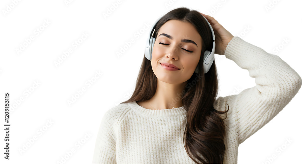 Woman Enjoying Music with Headphones on transparent white background, clipping path Woman Enjoying Music with Headphones on transparent white background, clipping path