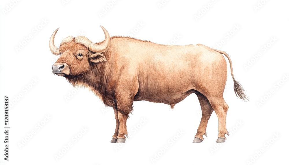 Realistic illustration of a brown bull standing against a plain background, showcasing its muscular build and features Realistic illustration of a brown bull standing against a plain background, showcasing its muscular build and features