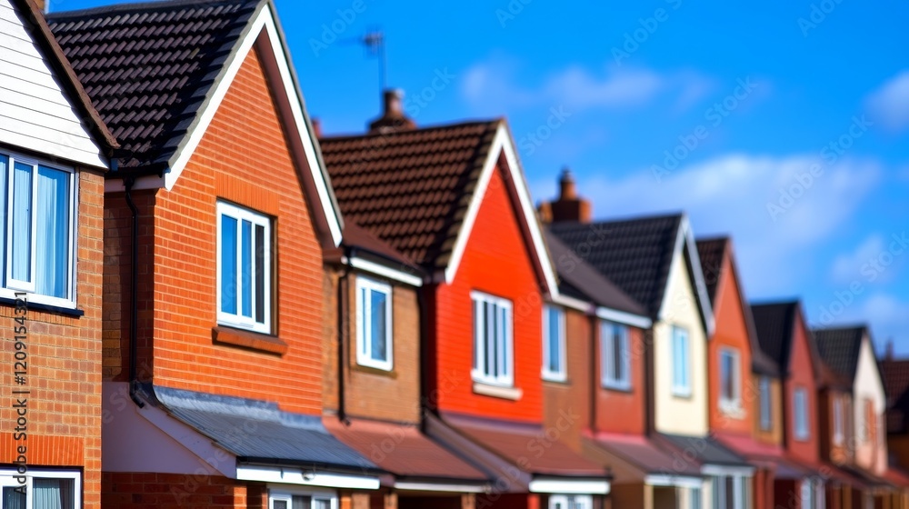 A row of colorful residential houses under a clear blue sky. A row of colorful residential houses under a clear blue sky.