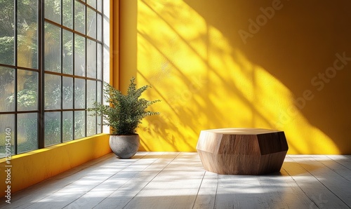 Bright Yellow Minimalist Display Podium with Orange Product and Nature Inspired Shadows photo