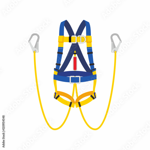 Full body safety harness with two lanyard, hook, and absorber. Personal protective equipment and gear for working at height to prevent falling.