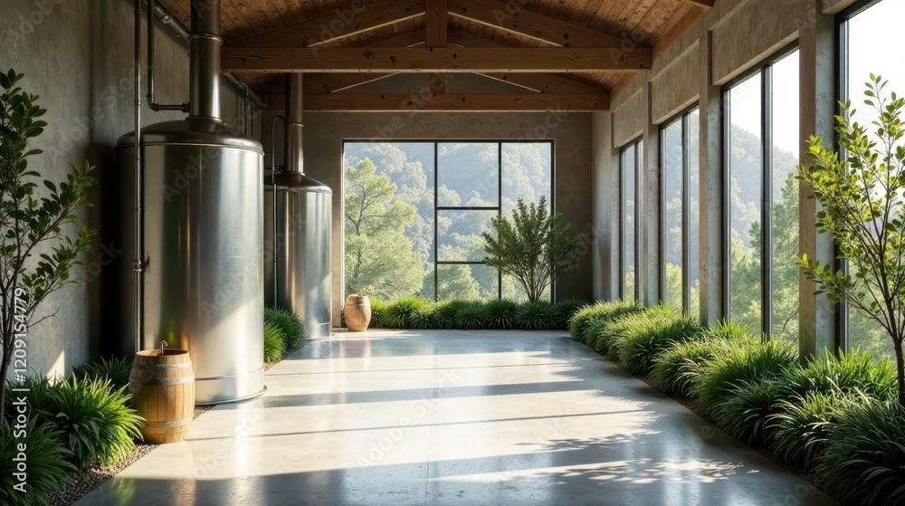 Fototapeta premium Serene Indoor Oasis with Industrial Vessels and Lush Greenery, Bathed in Natural Sunlight