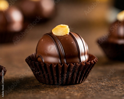 A single, glistening Belgian praline, its intricate design hinting at the delicious filling within, sits enticingly on a dark surface.