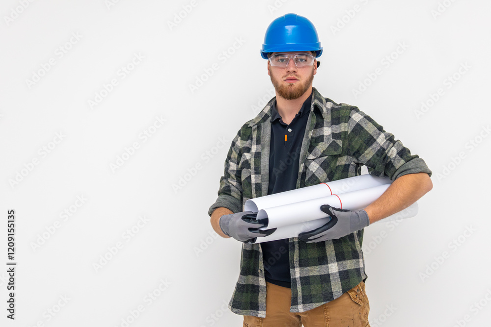 Male builder. Engineer in overalls and helmet holds blueprints and projects in his hands. Male builder. Engineer in overalls and helmet holds blueprints and projects in his hands.