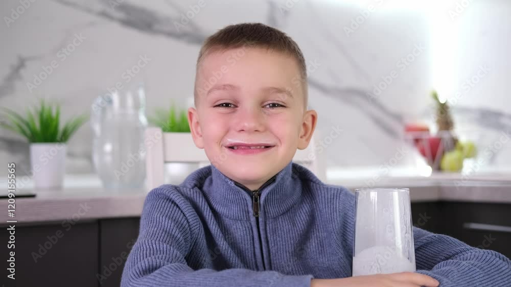 Happy child sits at kitchen table and drinks milk from glass after waking up in morning. Healthy lifestyle, concept of home recreation. Happy child sits at kitchen table and drinks milk from glass after waking up in morning. Healthy lifestyle, concept of home recreation.