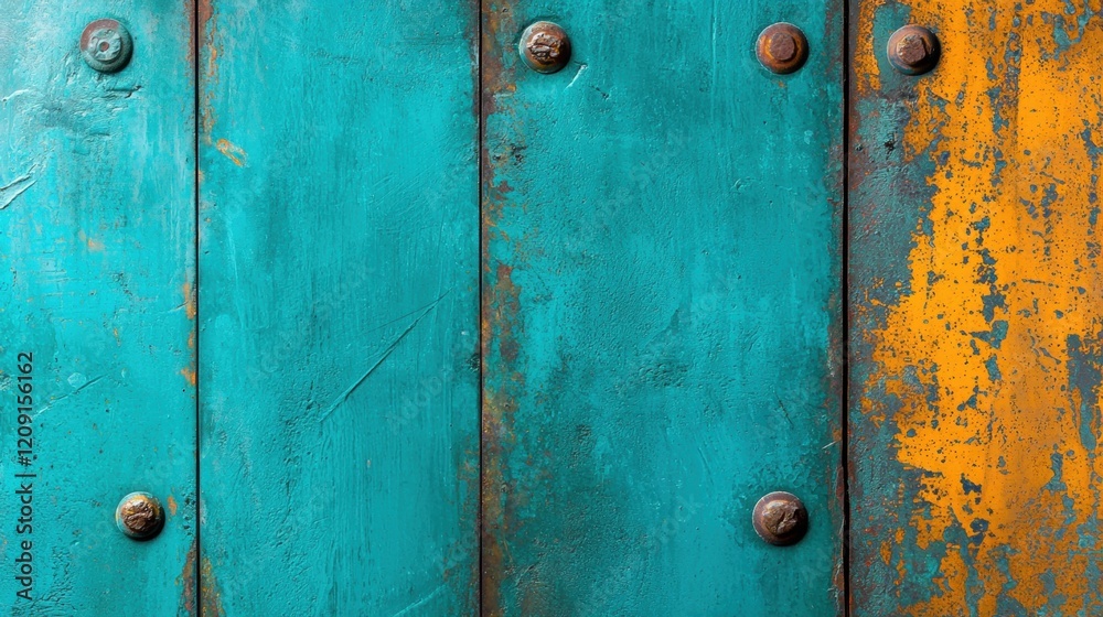 Fototapeta premium A weathered wooden door with a vibrant blue and orange color scheme.