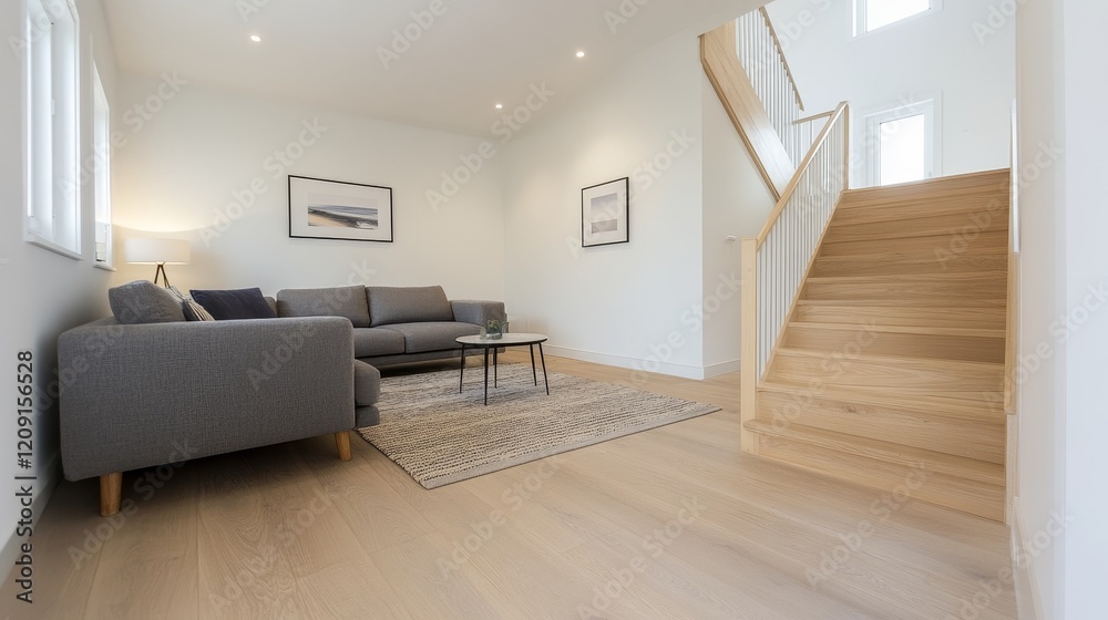 Fototapeta premium Modern living room with staircase, featuring a couch, coffee table, and minimalist decor.