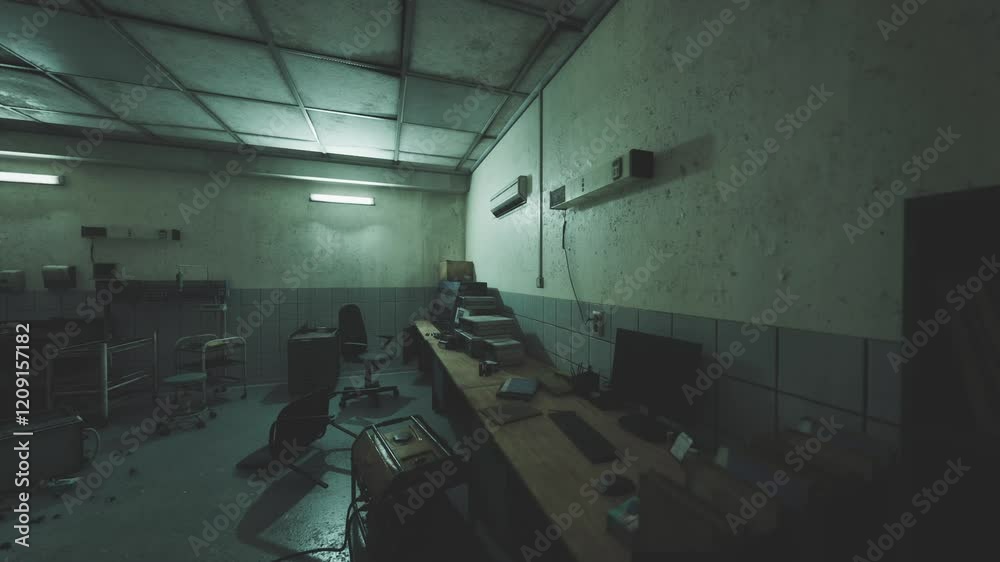 The interior of an abandoned room features scattered papers, a disheveled desk, and an overturned chair, highlighting neglect and a sense of desolation.