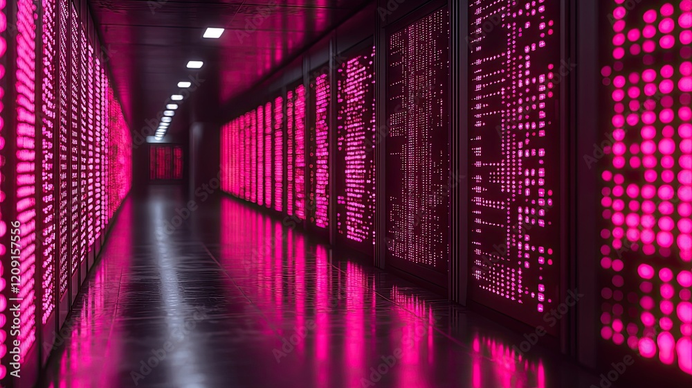 Fototapeta premium Pink illuminated server room hallway digital data storage