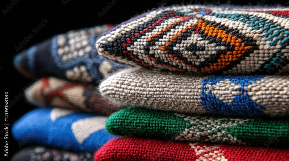 A stack of colorful, patterned blankets. A stack of colorful, patterned blankets.