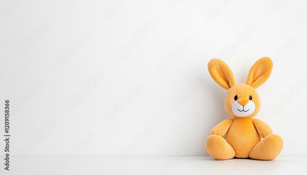 Obraz premium Cute orange plush bunny sitting on a clean white surface, evoking a sense of warmth and playfulness