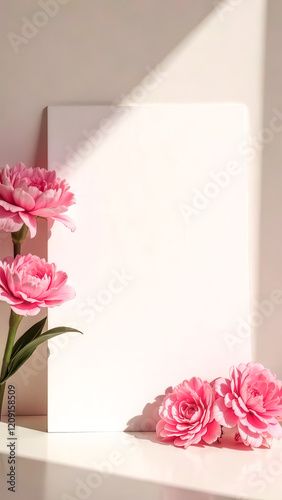 Clean white paper sheet with pink carnations in sunlights on pink background side view close-up. Mothers day mockup design of greeting card template for text. Gift certificate or voucher. Card blank