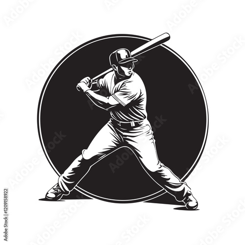 Baseball player in the match - black and white vector illustration