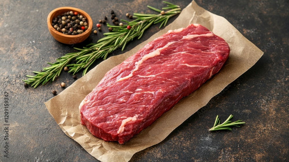 Raw beef steak and fresh ingredients for cooking on rustic background, top view, banner. Healthy food and diet concept. Raw beef steak and fresh ingredients for cooking on rustic background, top view, banner. Healthy food and diet concept.