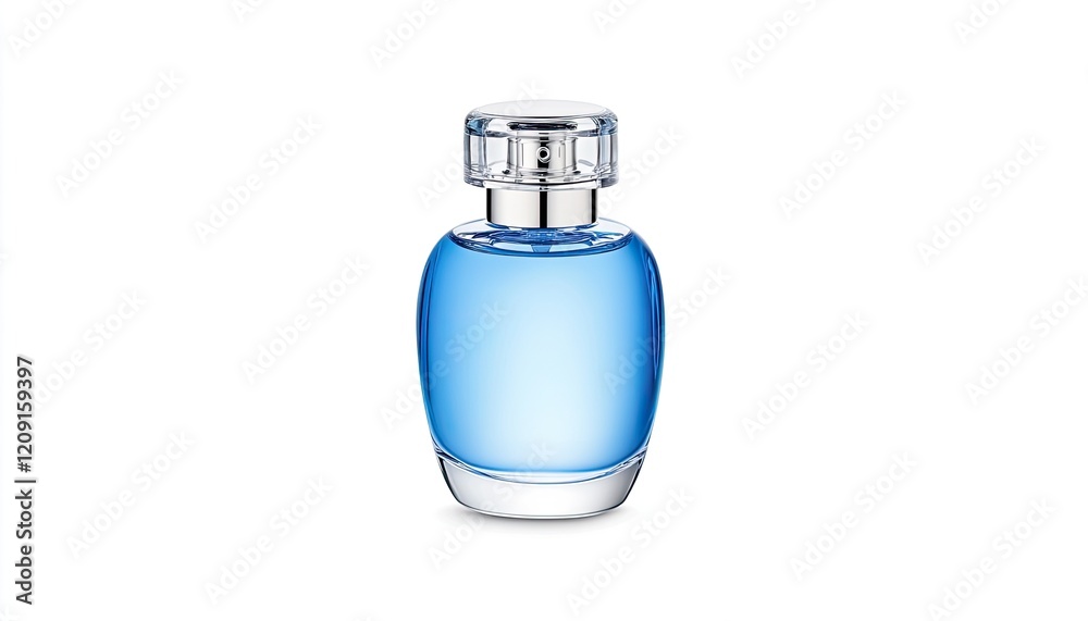Elegant blue perfume bottle placed on a clean surface, with soft lighting enhancing its sleek design Elegant blue perfume bottle placed on a clean surface, with soft lighting enhancing its sleek design